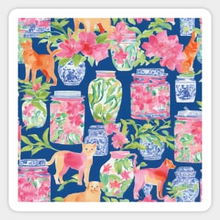 Cats, dogs and chinoiserie jars on navy blue Sticker